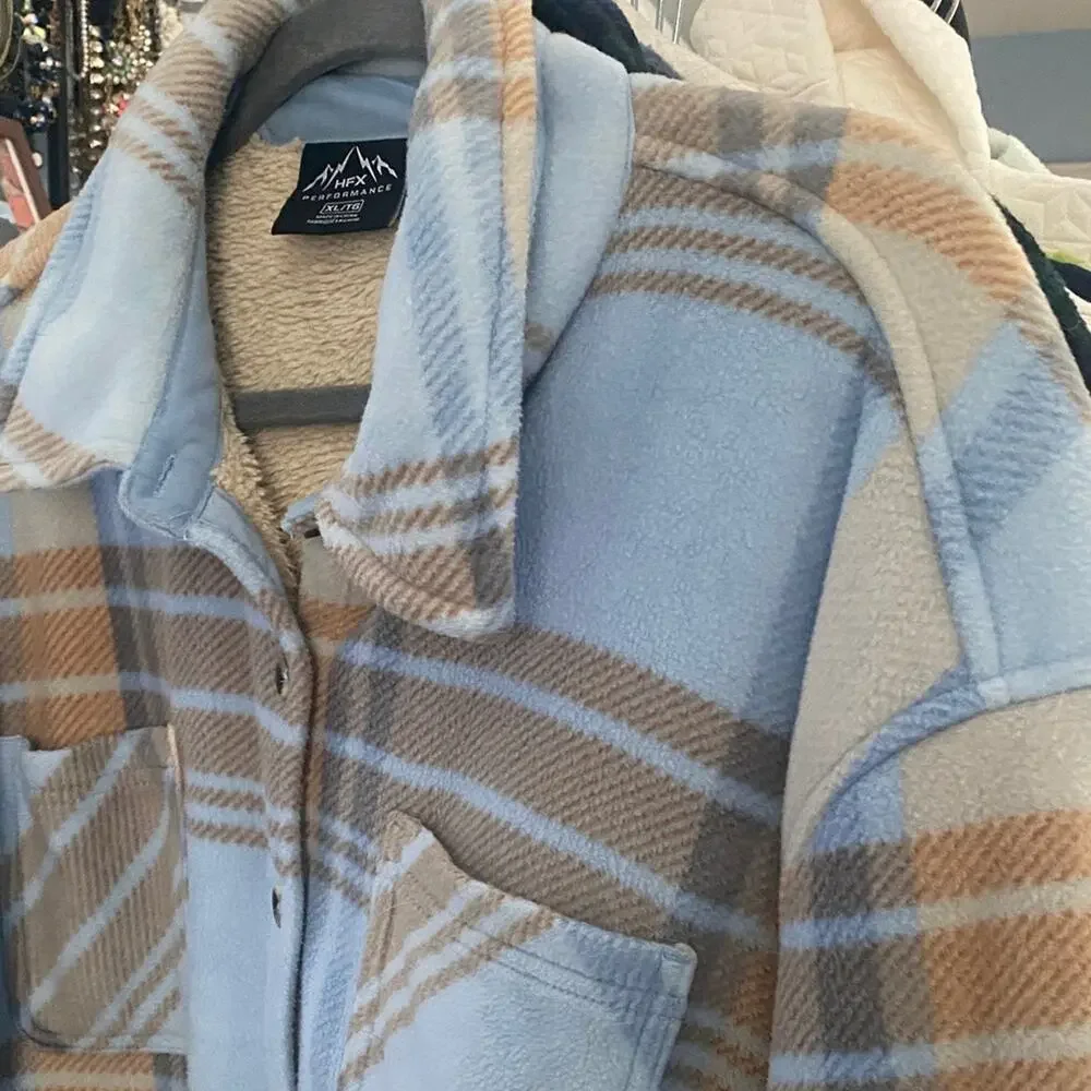Cozy Plaid Utility Jacket in Blue and Tan - Picture 3 of 6